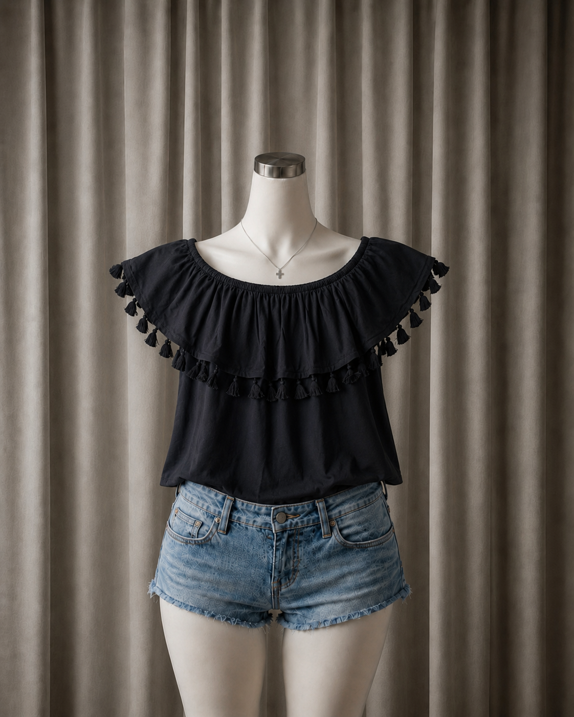Tassel-Trim Off-Shoulder Top