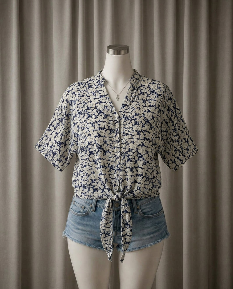 Floral Tie-Front Short Sleeve Blouse