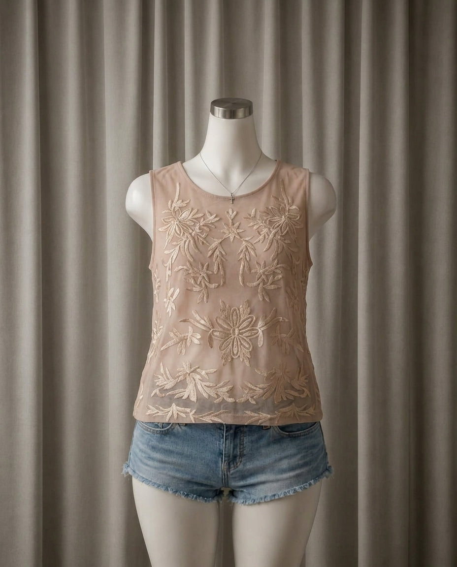 Embroidered Mesh Sleeveless Top