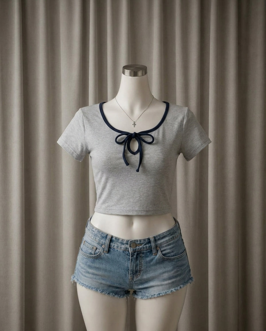 Contrast-Trim Bow Crop Top