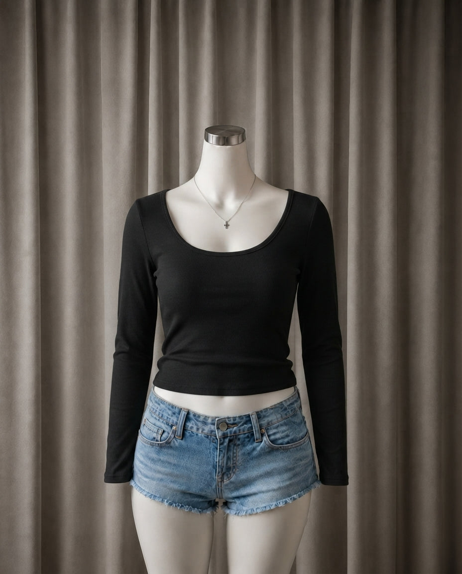 Ribbed Scoop-Neck Lace-Back Crop Top