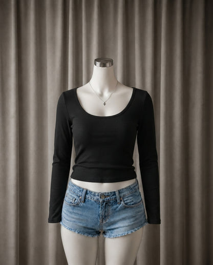 Ribbed Scoop-Neck Lace-Back Crop Top