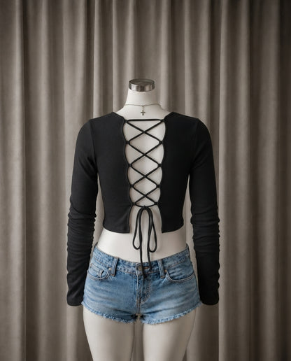 Ribbed Scoop-Neck Lace-Back Crop Top