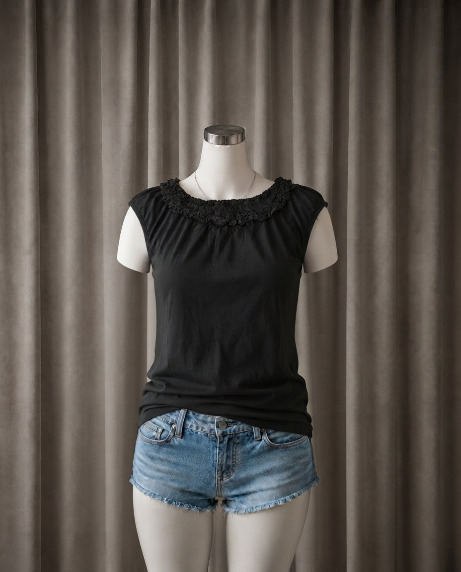 Ruffled Neckline Cap-Sleeve Top