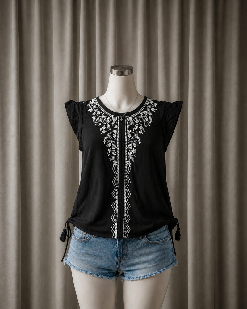 Embroidered Cap Sleeve Blouse