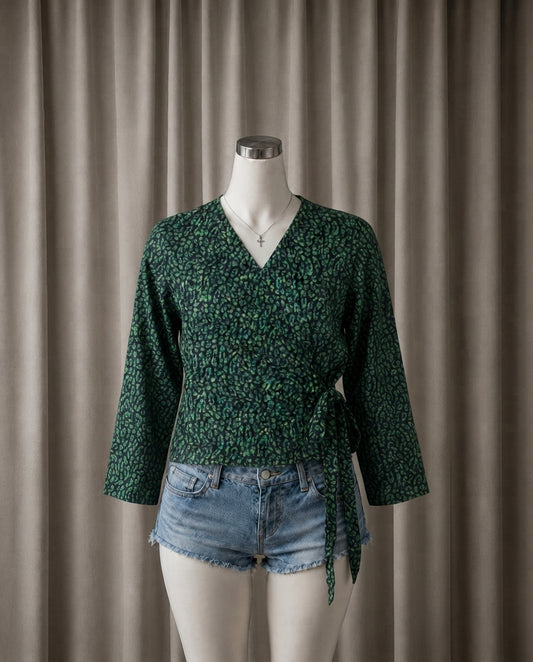 Green Abstract Print Wrap Top
