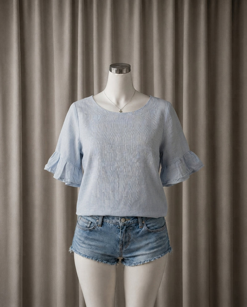 Ruffled-Sleeve Light Blue Top