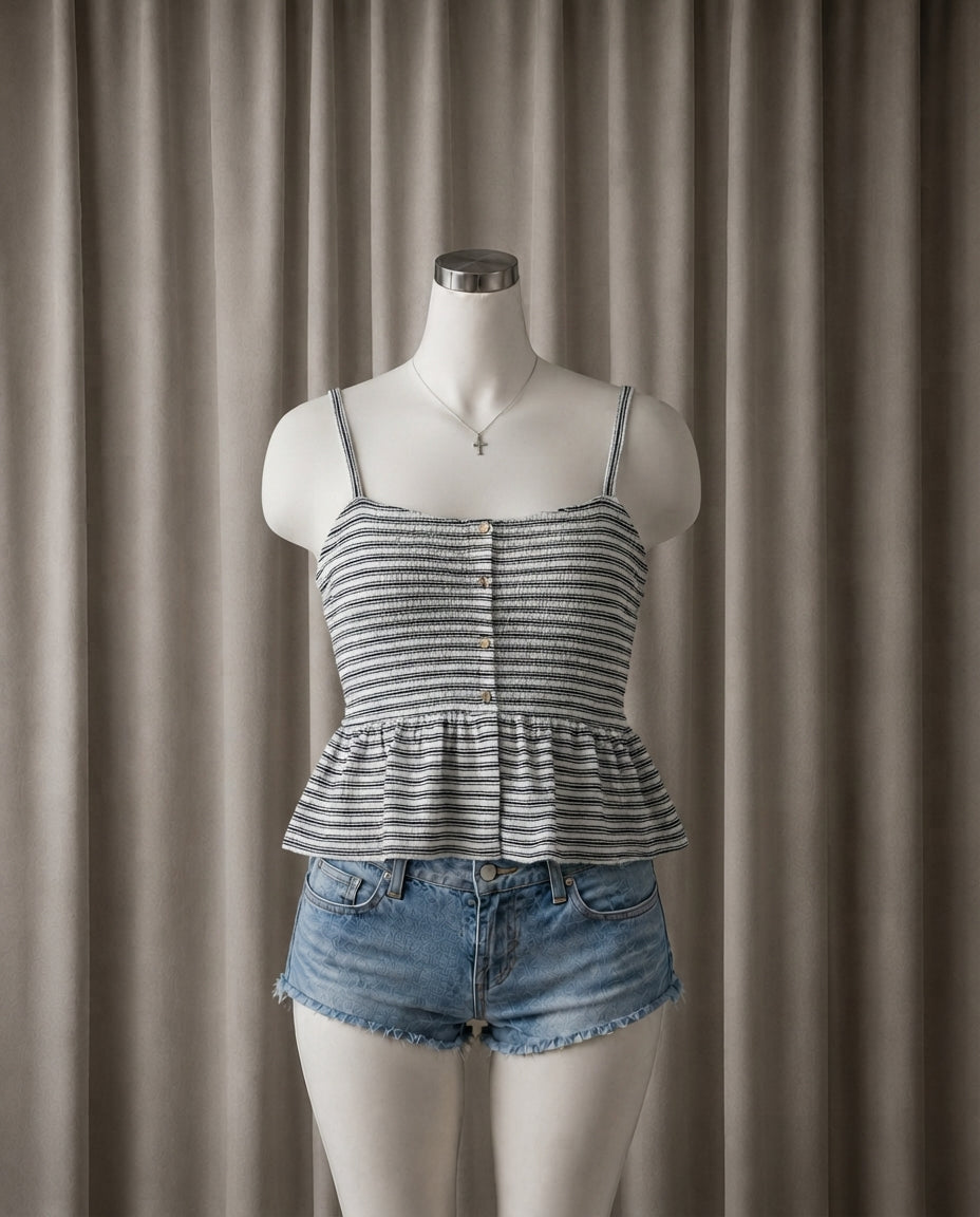 Striped Smocked Button-Front Peplum Cami