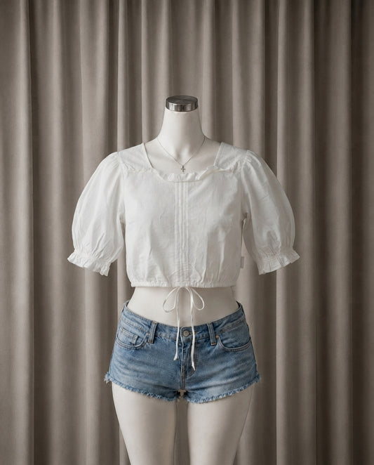White Puff-Sleeve Tie-Hem Crop Top