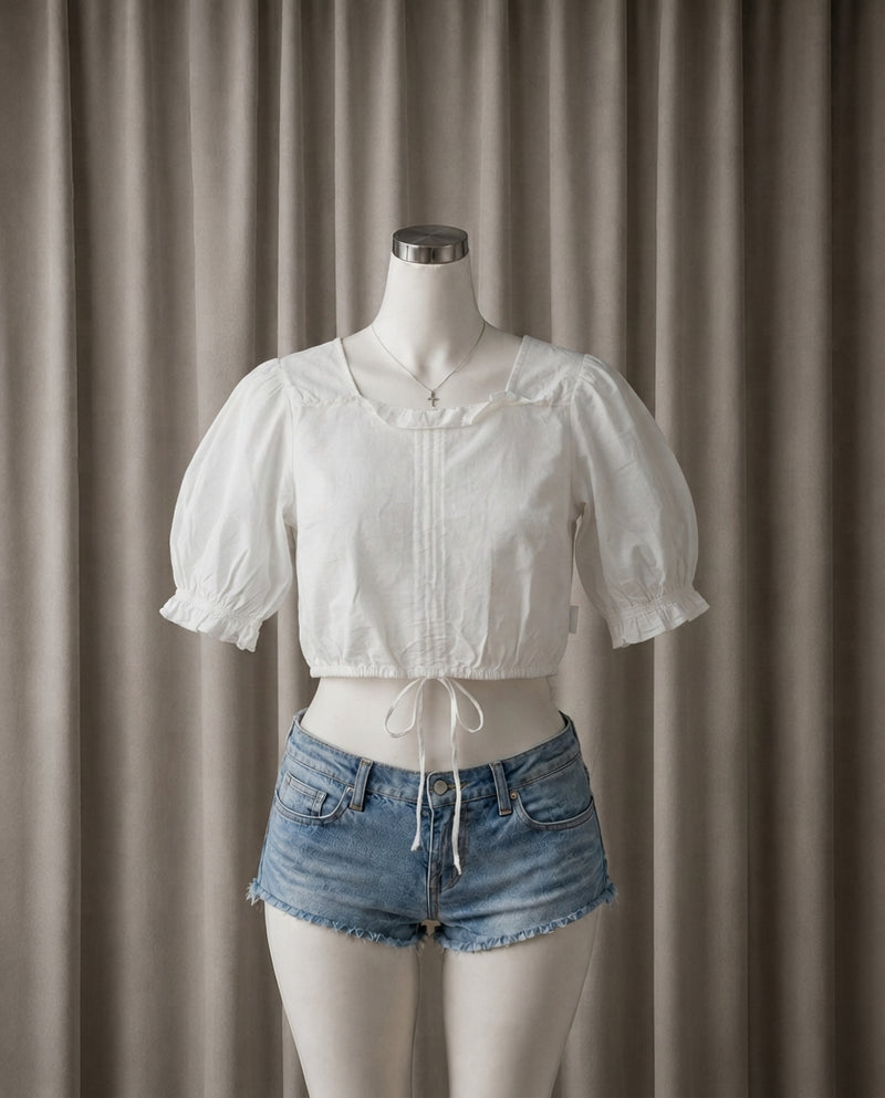 White Puff-Sleeve Tie-Hem Crop Top