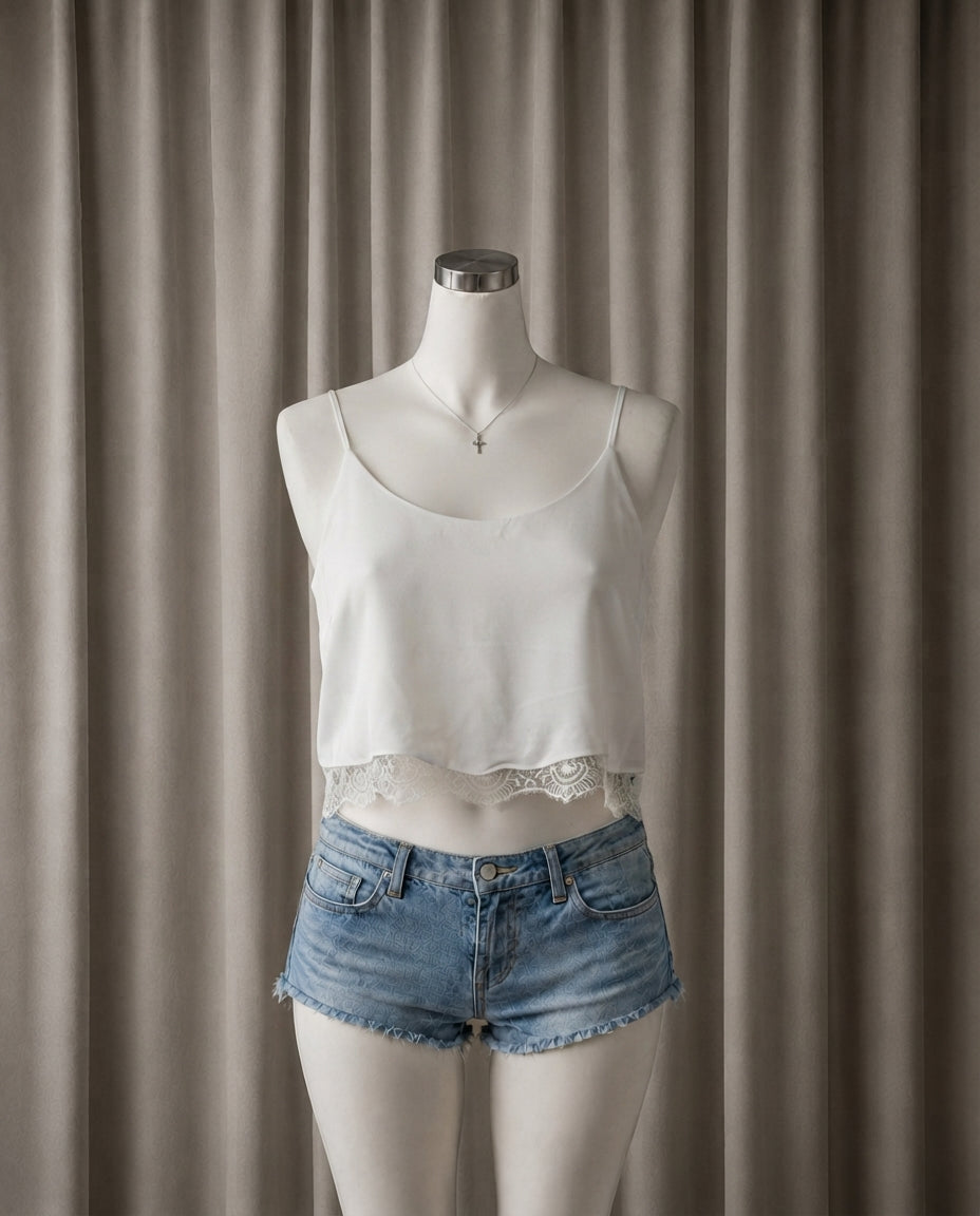 Lace-Trimmed White Satin Cami