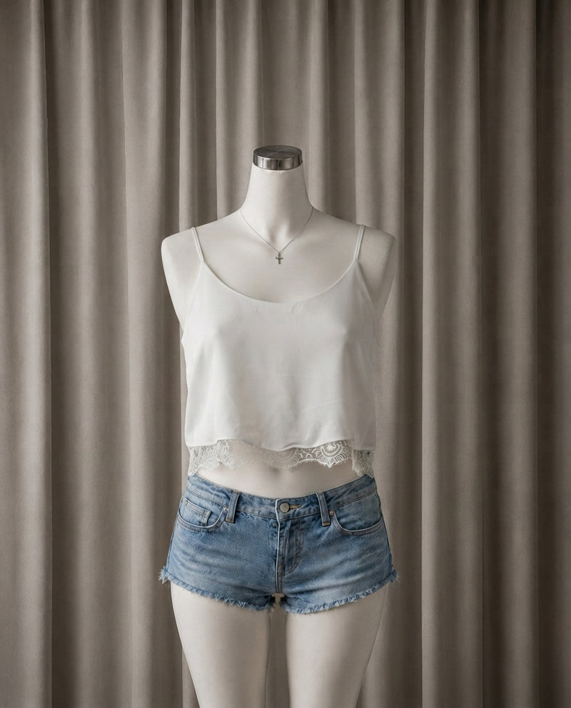 Lace-Trimmed White Satin Cami