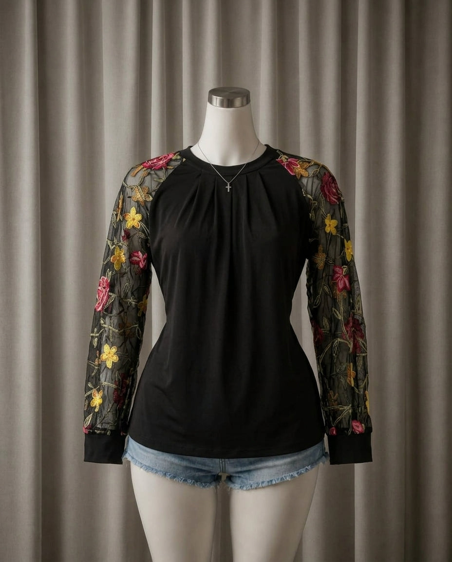 Embroidered Mesh Sleeve Long Sleeve Top