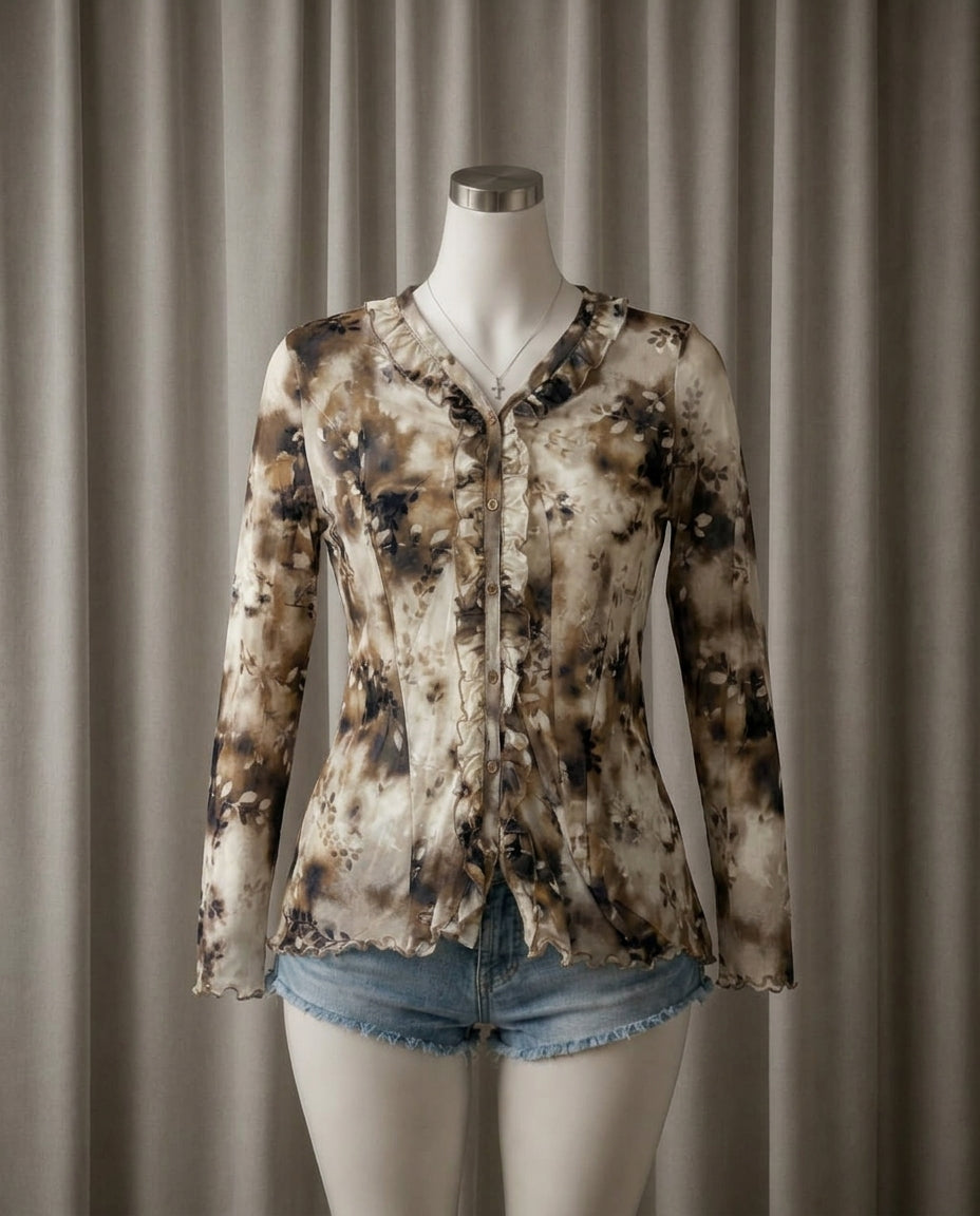 Ruffled Button-Down Long Sleeve Top