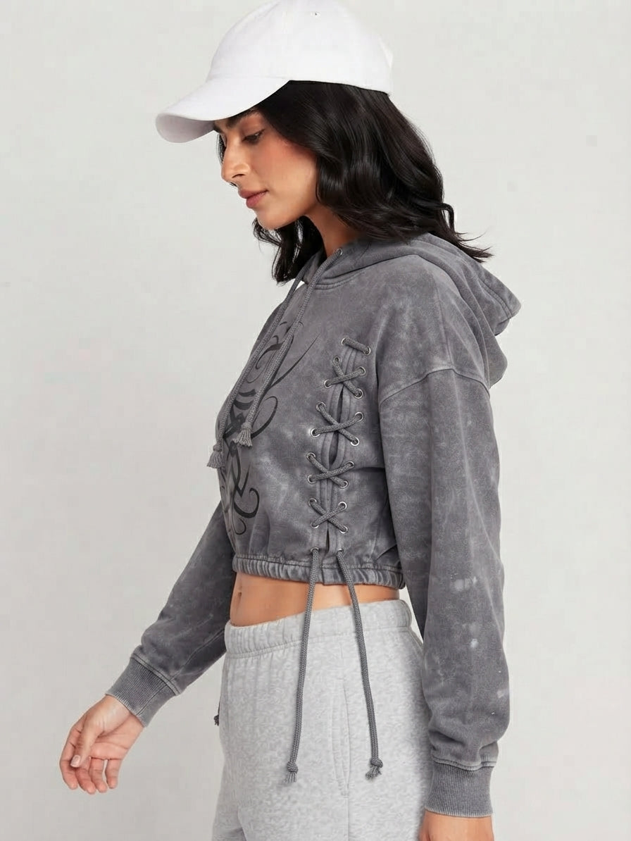 Acid Wash Laced Graphic Crop Hoodie