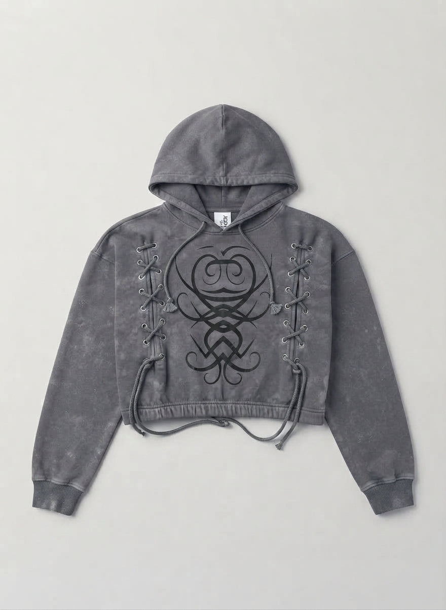 Acid Wash Laced Graphic Crop Hoodie