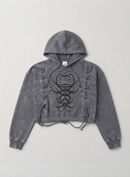 Acid Wash Laced Graphic Crop Hoodie