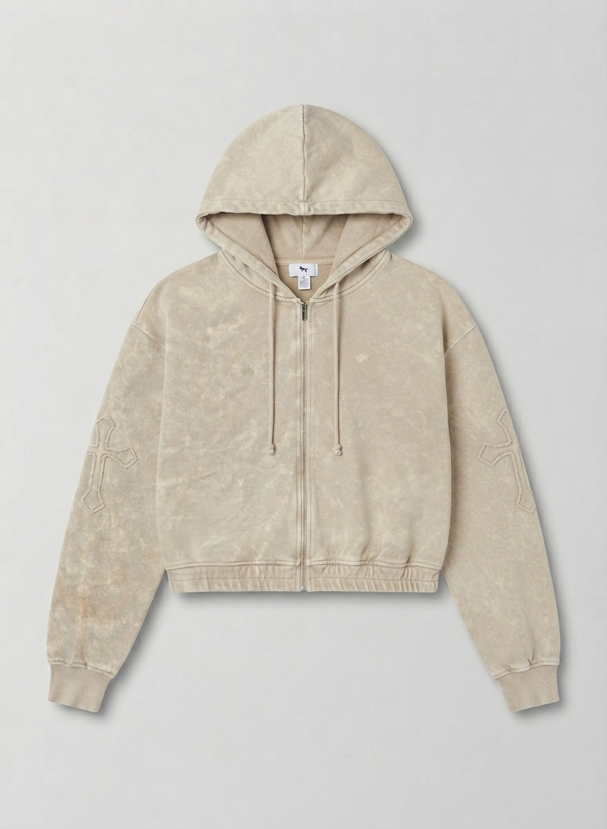 Acid Wash Cross Zip-Up Crop Hoodie