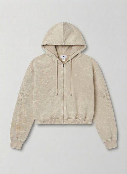 Acid Wash Cross Zip-Up Crop Hoodie