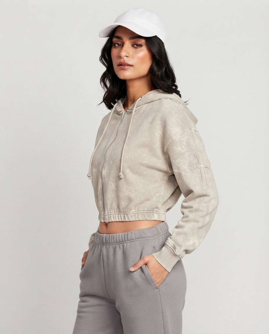 Acid Wash Cross Zip-Up Crop Hoodie