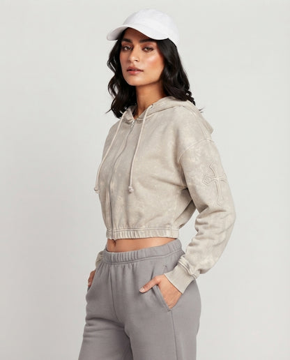 Acid Wash Cross Zip-Up Crop Hoodie