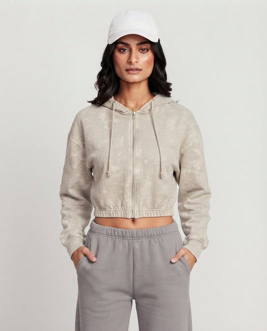 Acid Wash Cross Zip-Up Crop Hoodie