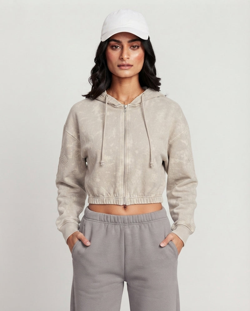 Acid Wash Cross Zip-Up Crop Hoodie