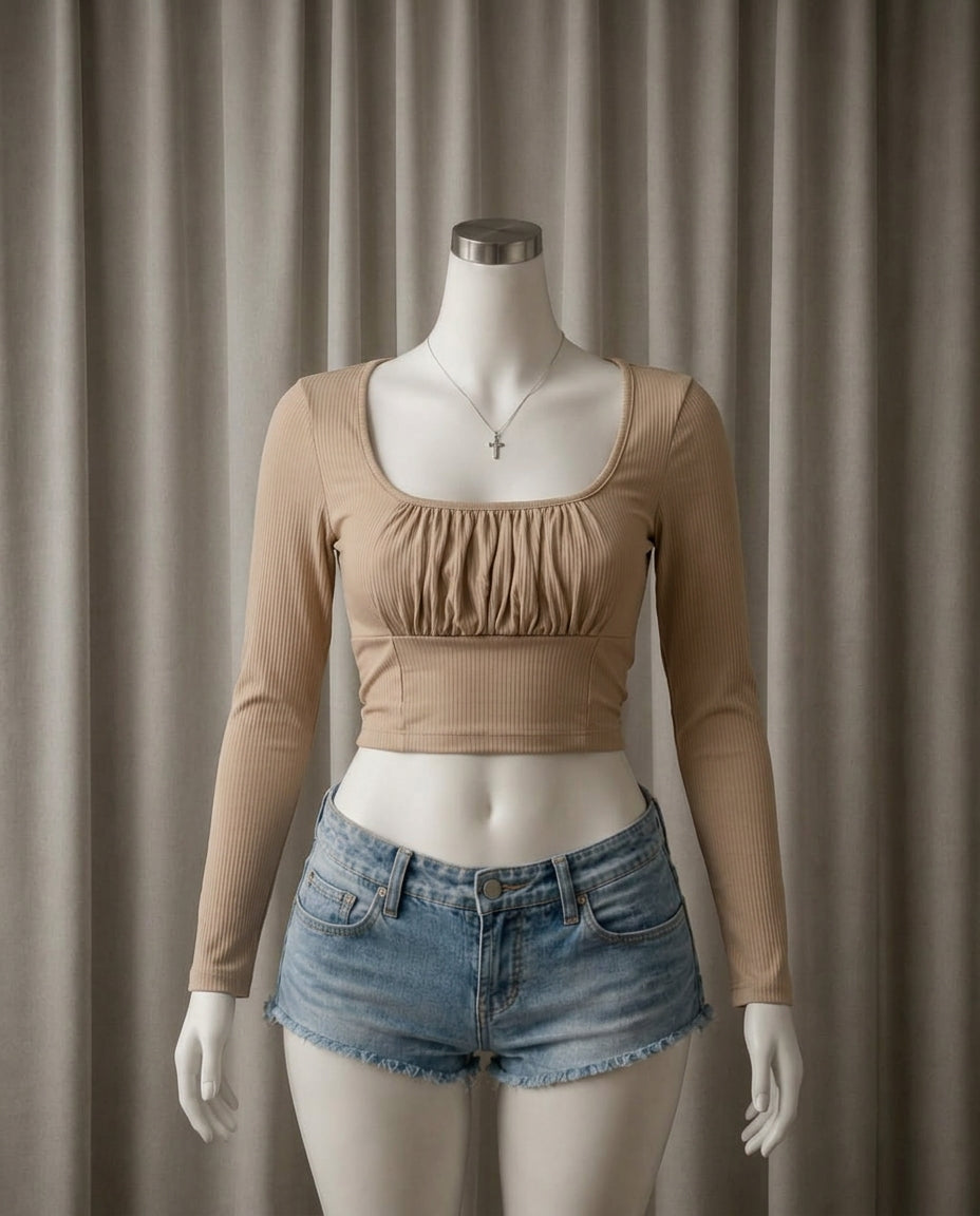 Beige Ruffled Bust Ribbed Crop Top