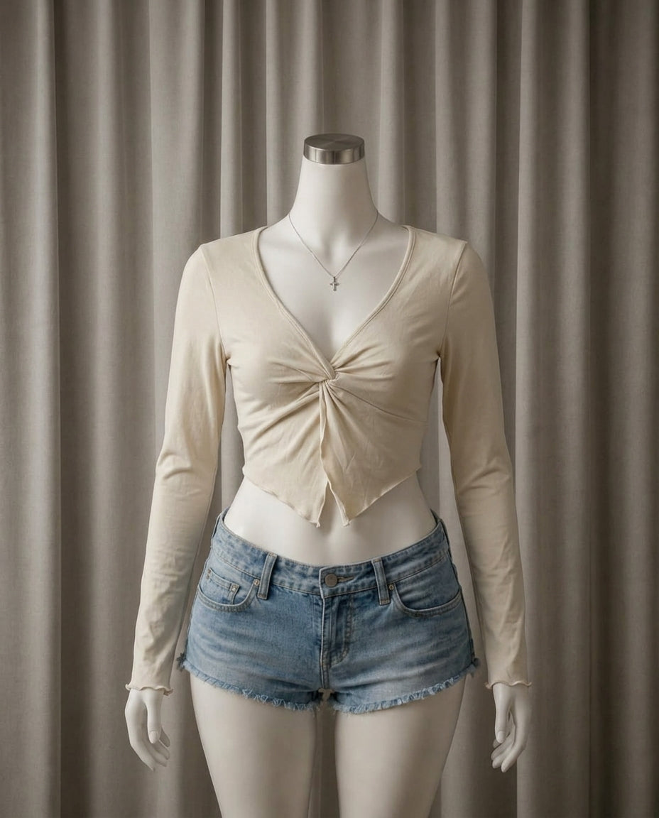 Beige Twist Front Crop Top